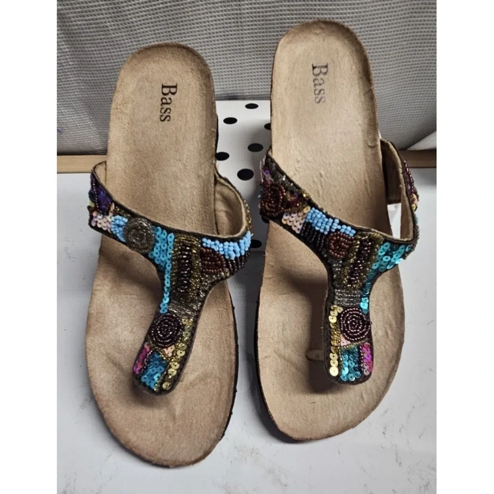 BASS JASMINE intricate beading sequins straps thong sandal leather upper‎ 8M